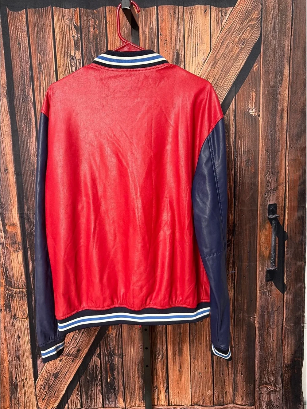 Zara Man XXL Red and Navy Leather Bomber Jacket